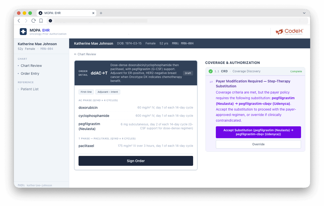 Illustrative MOPA EHR prior authorization screen showing a draft oncology order beside a coverage and authorization panel with a payer requested substitution.