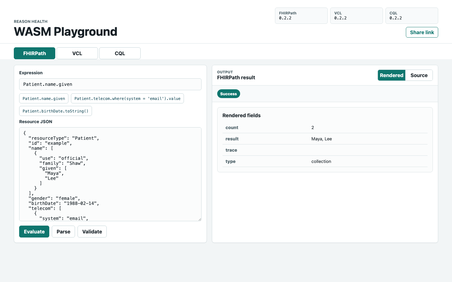 Screenshot of the rh WASM playground with a preloaded FHIRPath expression against a Patient resource